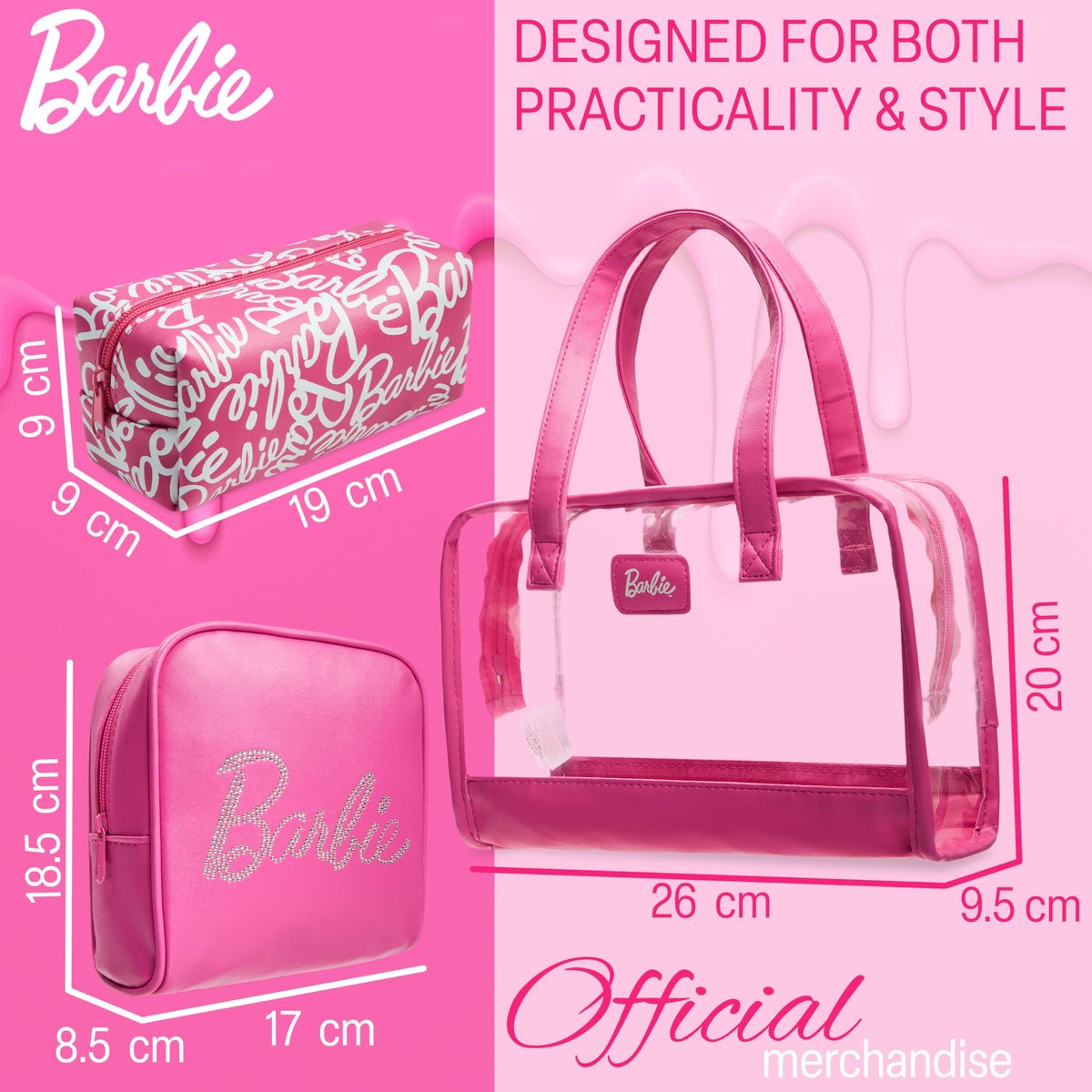 Get Trend Barbie Toiletry Bags Set of 3 - Pink Zipped Wash Bag & Cosmetic Case Holiday Essentials Avelisse