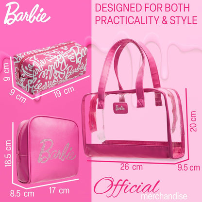 Get Trend Barbie Toiletry Bags Set of 3 - Pink Zipped Wash Bag & Cosmetic Case Holiday Essentials Avelisse