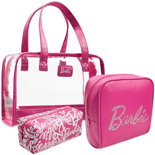Get Trend Barbie Toiletry Bags Set of 3 - Pink Zipped Wash Bag & Cosmetic Case Holiday Essentials Avelisse