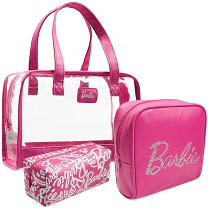 Get Trend Barbie Toiletry Bags Set of 3 - Pink Zipped Wash Bag & Cosmetic Case Holiday Essentials Avelisse
