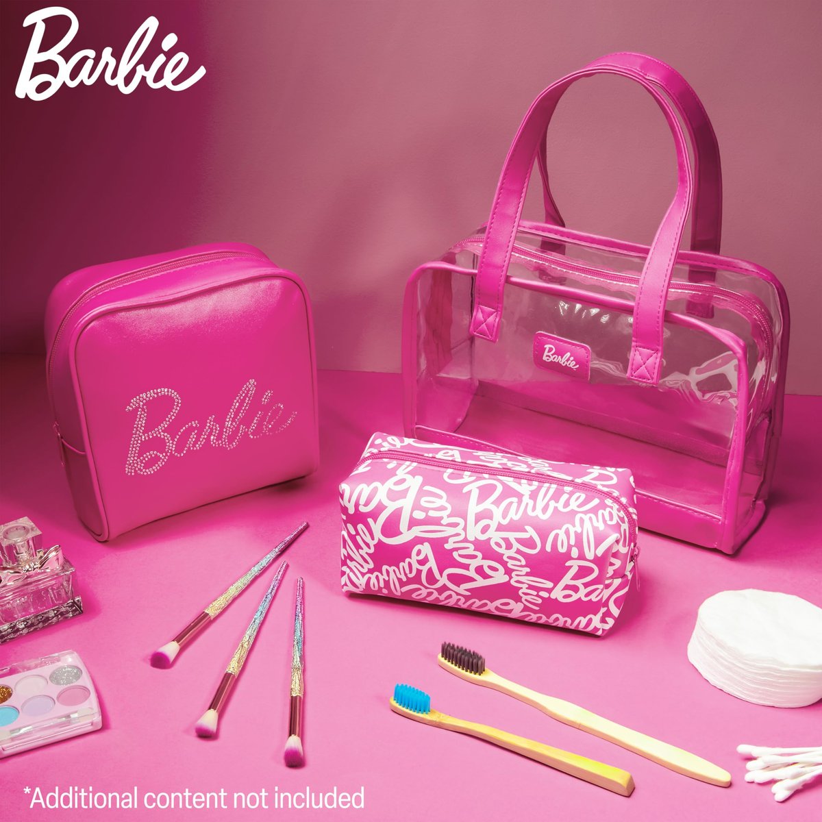 Get Trend Barbie Toiletry Bags Set of 3 - Pink Zipped Wash Bag & Cosmetic Case Holiday Essentials Avelisse