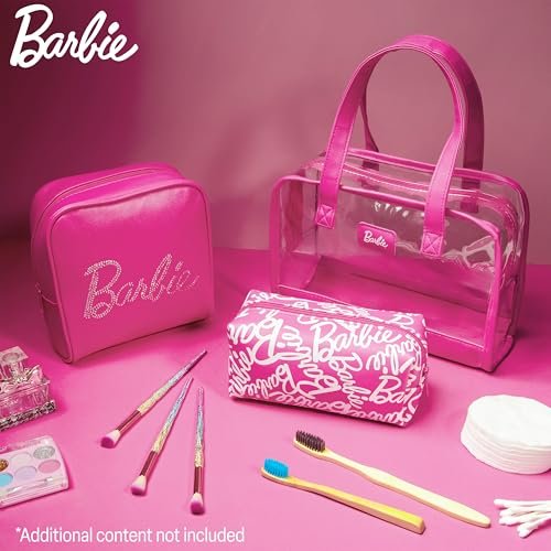 Get Trend Barbie Toiletry Bags Set of 3 - Pink Zipped Wash Bag & Cosmetic Case Holiday Essentials Avelisse