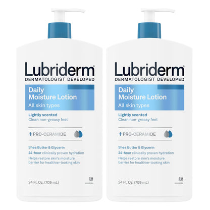 Lubriderm Daily Moisture Lotion + Pro-Ceramide with Shea Butter & Glycerin - Hydrating Face, Hand & Body Lotion, Light Scent, Non-Greasy, Twin Pack, 24 fl. oz (2 Pack) Avelisse