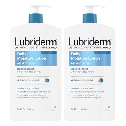 Lubriderm Daily Moisture Lotion + Pro-Ceramide with Shea Butter & Glycerin - Hydrating Face, Hand & Body Lotion, Light Scent, Non-Greasy, Twin Pack, 24 fl. oz (2 Pack) Avelisse
