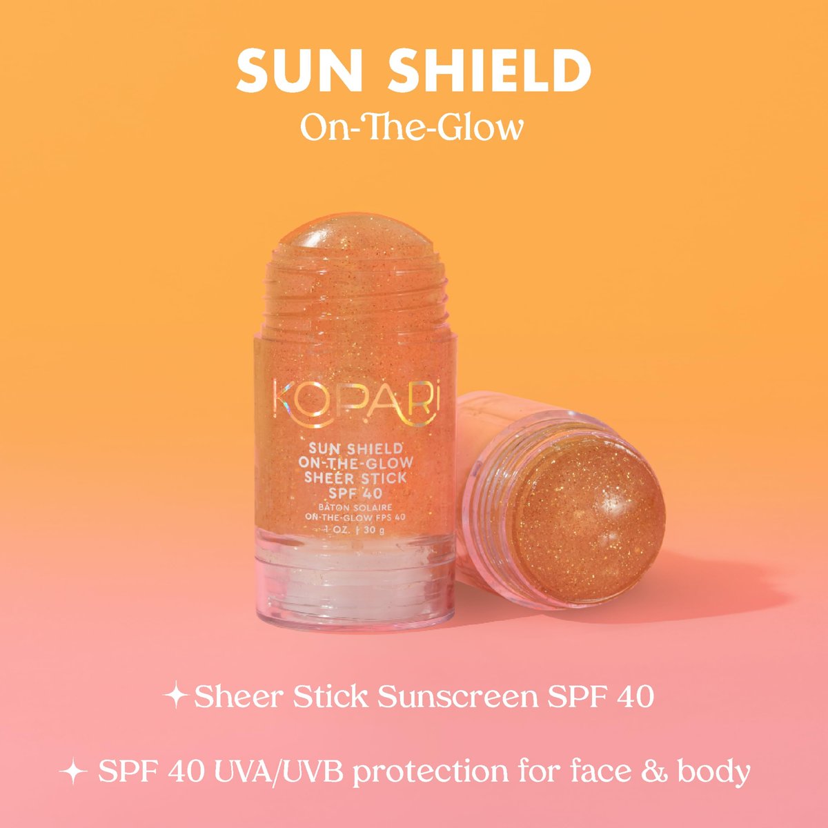Kopari Sun Shield On-The-Glow Sheer Sunscreen Stick SPF 40 – Sweat & Water Resistant Roll-On Sunscreen for Face and Body with Vitamin E and Bisabolol, 1 oz Avelisse