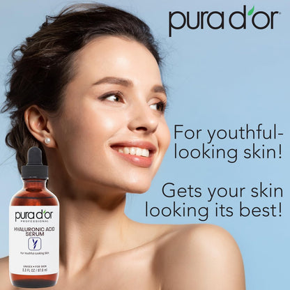 PURA D'OR Hyaluronic Acid Serum 3.3 oz – Deep Hydration Anti-Aging Facial Serum for Smooth, Plump Skin Avelisse