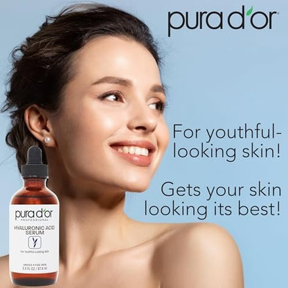 PURA D'OR Hyaluronic Acid Serum 3.3 oz – Deep Hydration Anti-Aging Facial Serum for Smooth, Plump Skin Avelisse