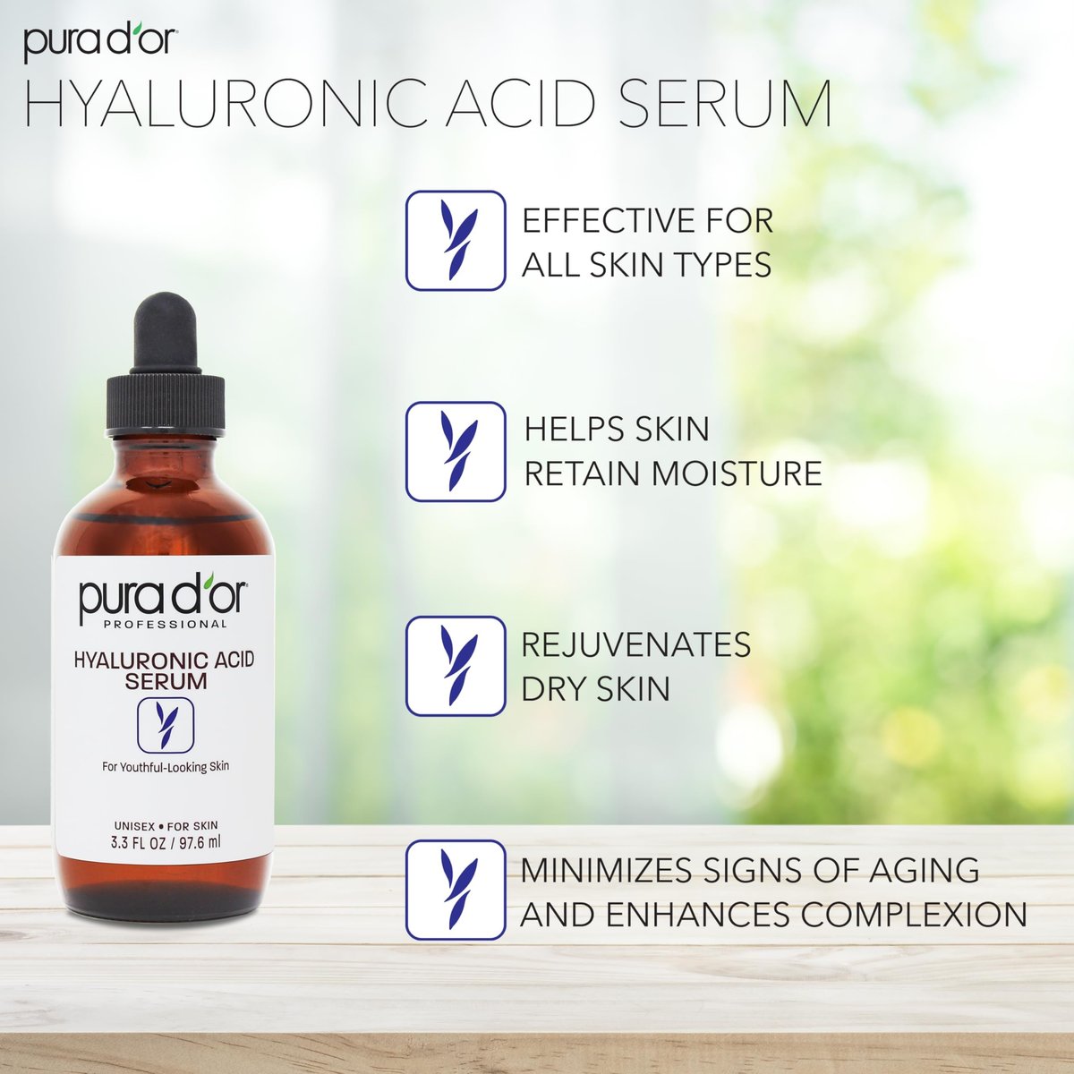 PURA D'OR Hyaluronic Acid Serum 3.3 oz – Deep Hydration Anti-Aging Facial Serum for Smooth, Plump Skin Avelisse