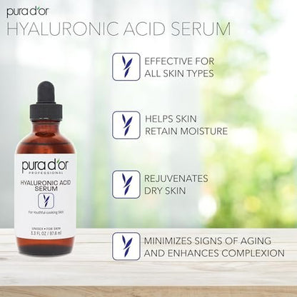PURA D'OR Hyaluronic Acid Serum 3.3 oz – Deep Hydration Anti-Aging Facial Serum for Smooth, Plump Skin Avelisse