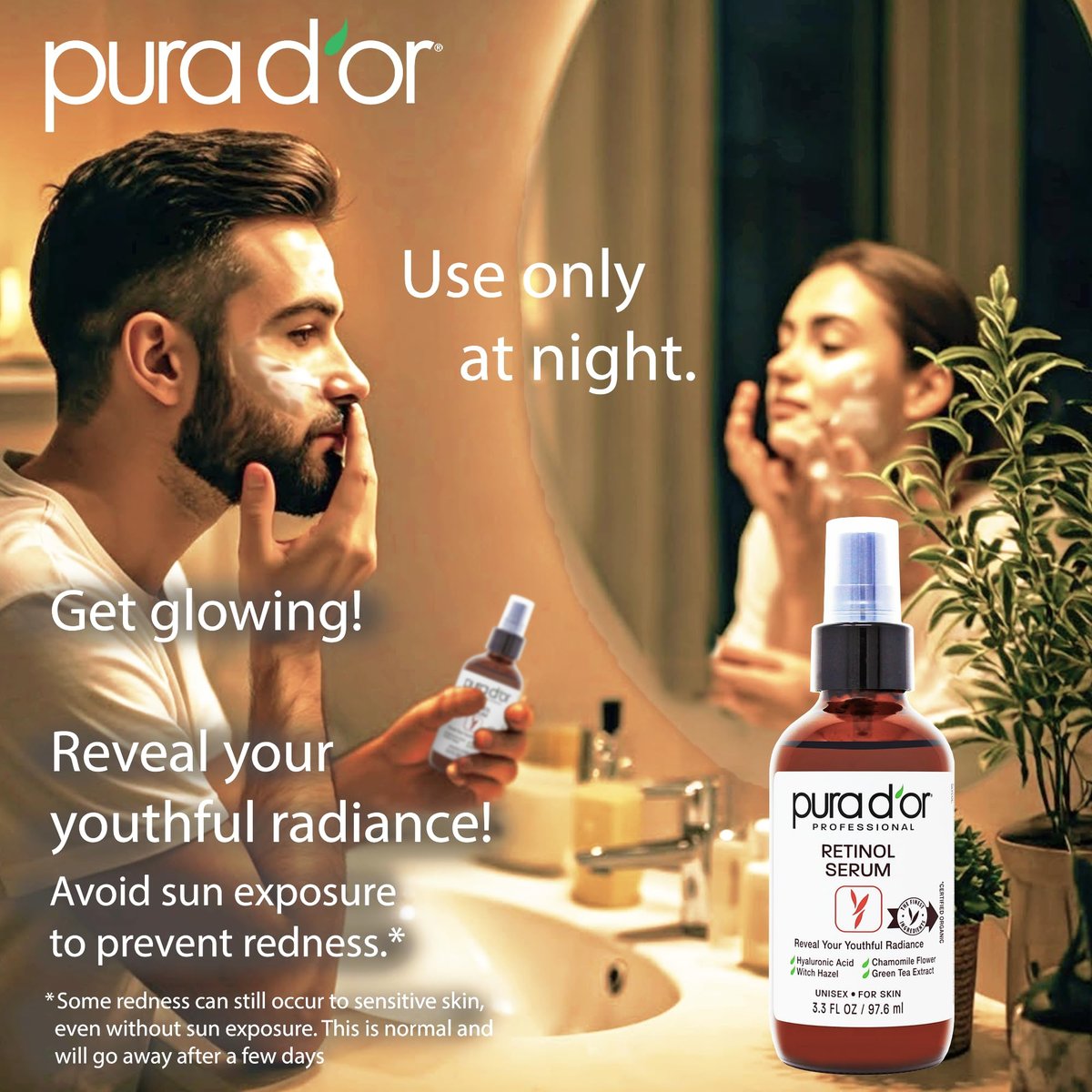PURA D'OR Retinol Serum Nighttime Facial Skincare – 3.3 oz Overnight Treatment with Aloe Vera & Botanical Extracts for Smoother Texture, Tone, Radiance Avelisse
