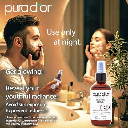 PURA D'OR Retinol Serum Nighttime Facial Skincare – 3.3 oz Overnight Treatment with Aloe Vera & Botanical Extracts for Smoother Texture, Tone, Radiance Avelisse
