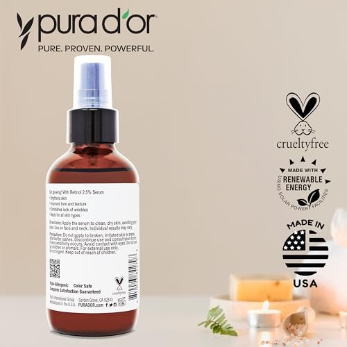 PURA D'OR Retinol Serum Nighttime Facial Skincare – 3.3 oz Overnight Treatment with Aloe Vera & Botanical Extracts for Smoother Texture, Tone, Radiance Avelisse