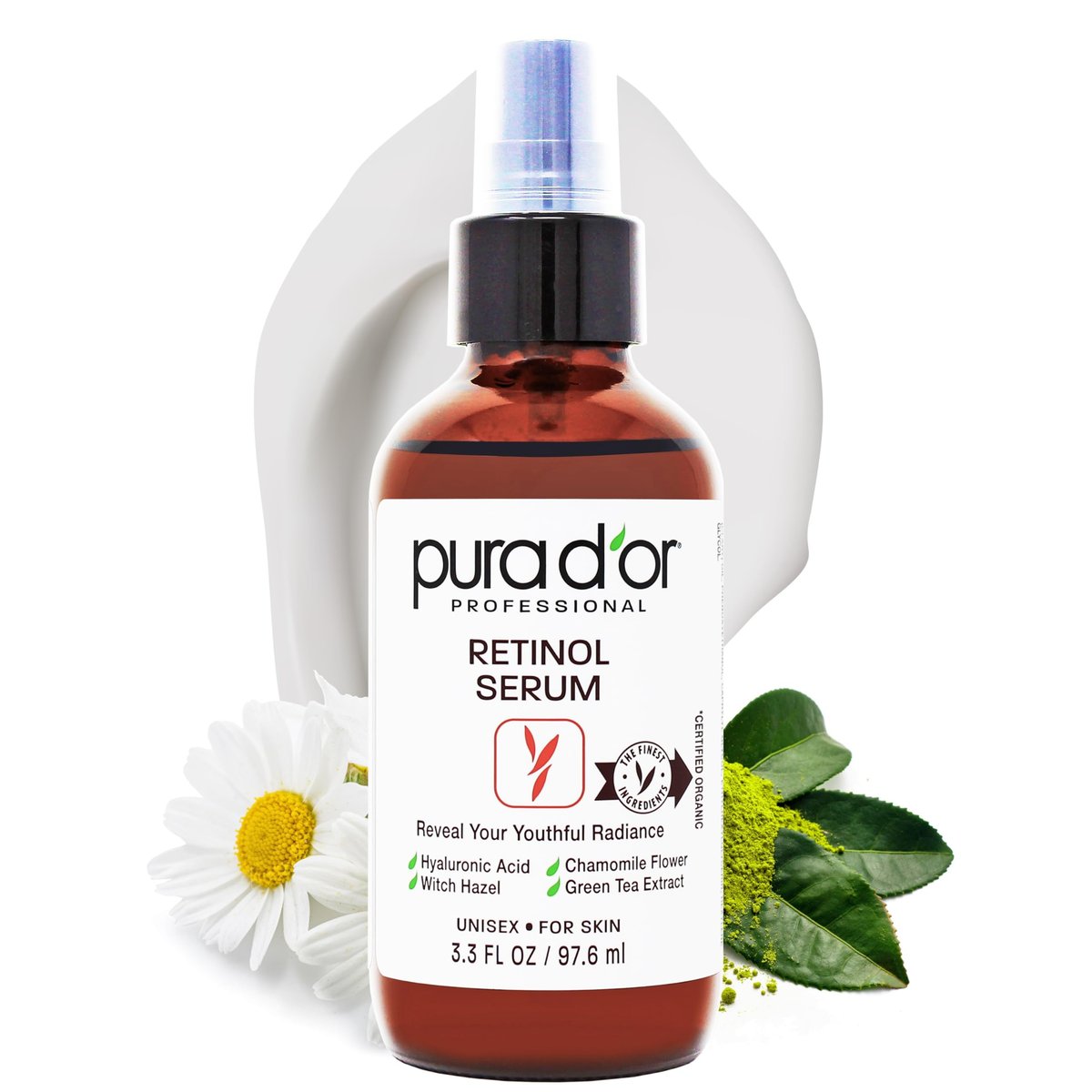 PURA D'OR Retinol Serum Nighttime Facial Skincare – 3.3 oz Overnight Treatment with Aloe Vera & Botanical Extracts for Smoother Texture, Tone, Radiance Avelisse