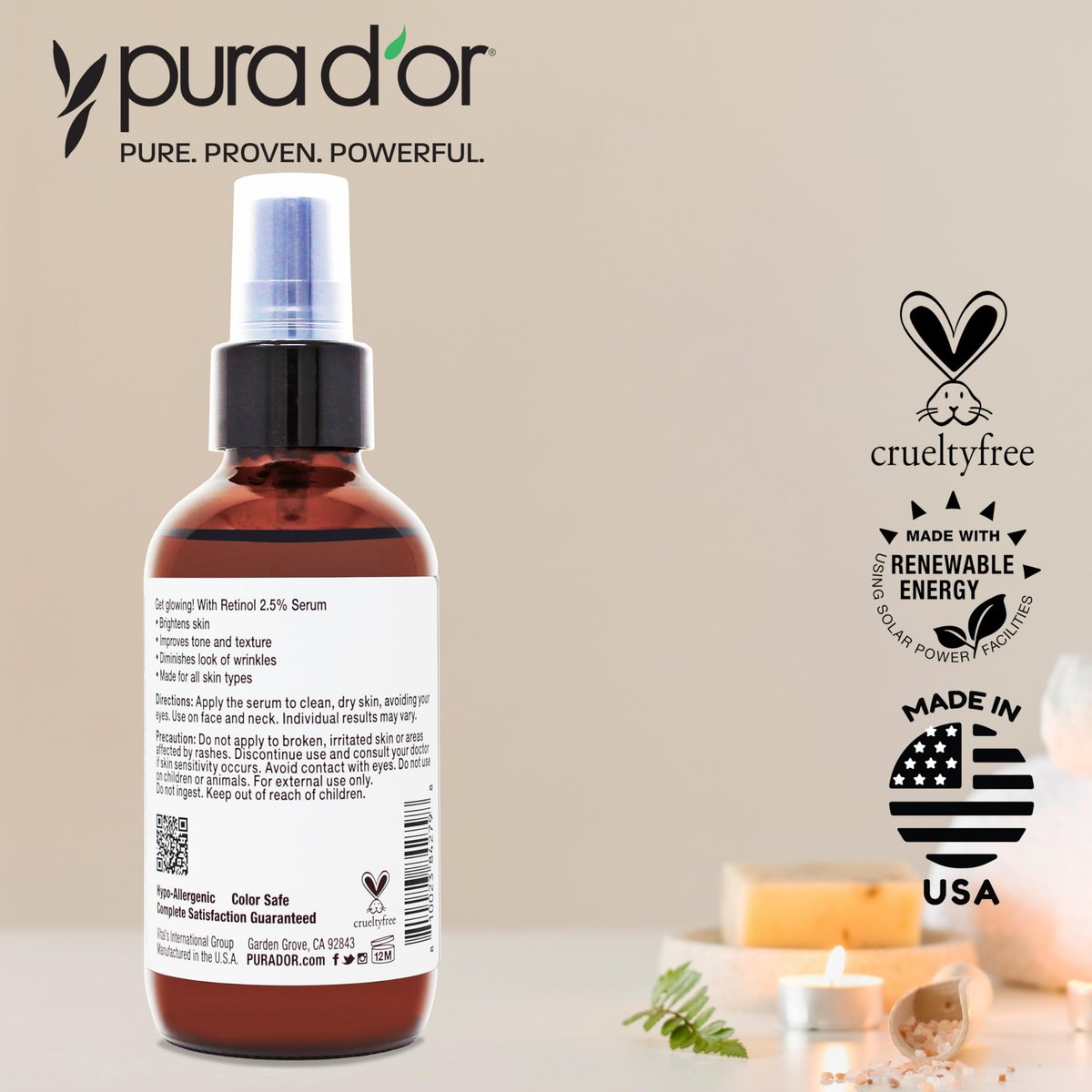 PURA D'OR Retinol Serum Nighttime Facial Skincare – 3.3 oz Overnight Treatment with Aloe Vera & Botanical Extracts for Smoother Texture, Tone, Radiance Avelisse