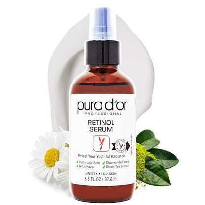 PURA D'OR Retinol Serum Nighttime Facial Skincare – 3.3 oz Overnight Treatment with Aloe Vera & Botanical Extracts for Smoother Texture, Tone, Radiance Avelisse