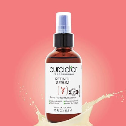 PURA D'OR Retinol Serum Nighttime Facial Skincare – 3.3 oz Overnight Treatment with Aloe Vera & Botanical Extracts for Smoother Texture, Tone, Radiance Avelisse