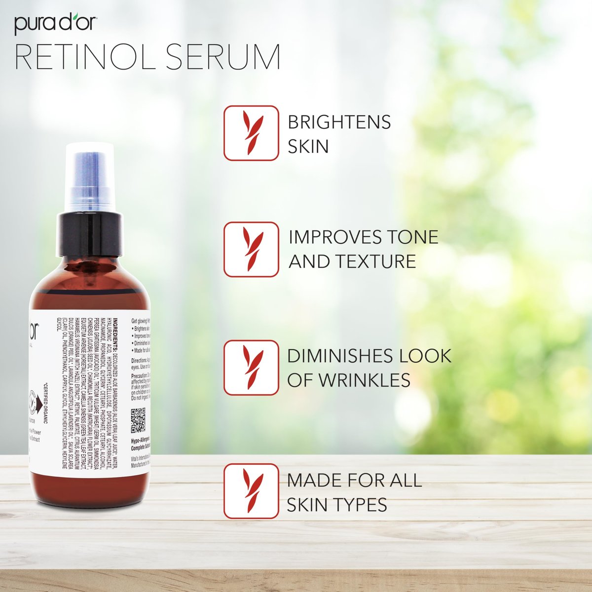 PURA D'OR Retinol Serum Nighttime Facial Skincare – 3.3 oz Overnight Treatment with Aloe Vera & Botanical Extracts for Smoother Texture, Tone, Radiance Avelisse