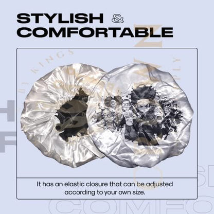 Anime Bonnet with Elastic Soft Band - Adjustable Silky Satin Bonnet for Sleeping, One Size, White Huey