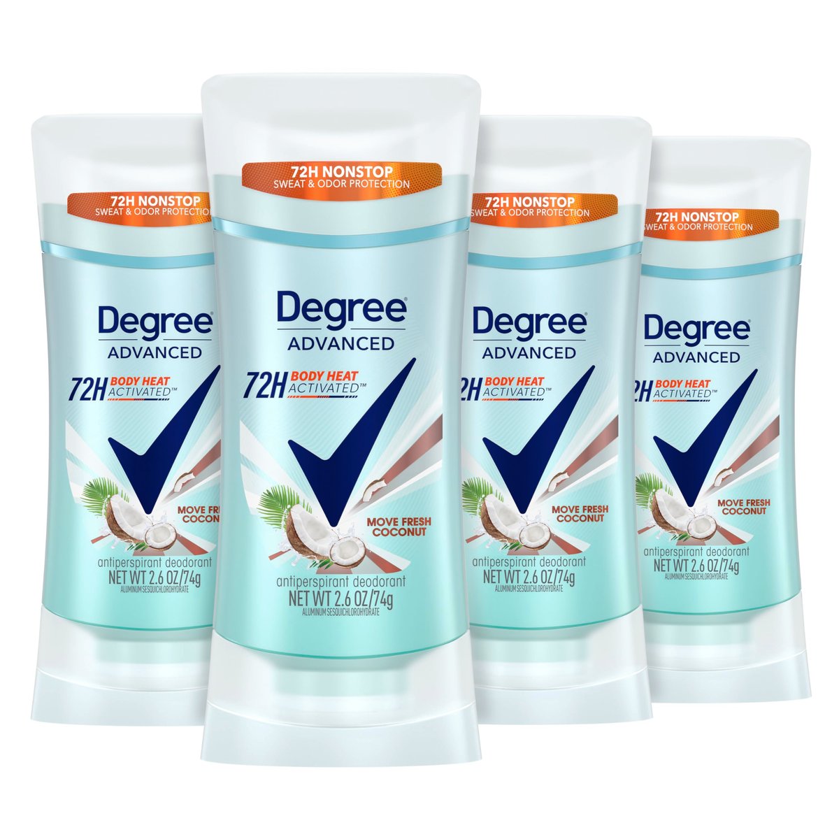 Degree Advanced Antiperspirant Deodorant Move Fresh Coconut, 4 Count, 72-Hour Sweat & Odor Protection for Women with MotionSense Technology, 2.6 oz each Avelisse