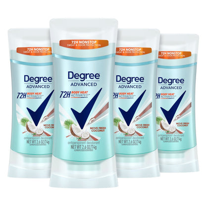 Degree Advanced Antiperspirant Deodorant Move Fresh Coconut, 4 Count, 72-Hour Sweat & Odor Protection for Women with MotionSense Technology, 2.6 oz each Avelisse
