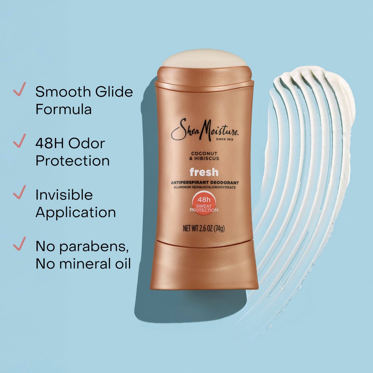 SheaMoisture Antiperspirant Deodorant Stick Fresh Coconut & Hibiscus 2 Count - 48HR Sweat & Odor Protection, No Parabens, No Mineral Oil, 2.6 oz Each - görsel 8