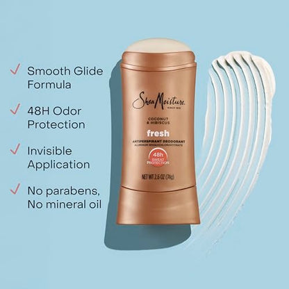 SheaMoisture Antiperspirant Deodorant Stick Fresh Coconut & Hibiscus 2 Count - 48HR Sweat & Odor Protection, No Parabens, No Mineral Oil, 2.6 oz Each