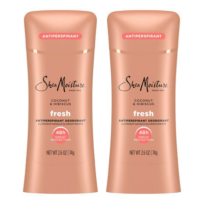 SheaMoisture Antiperspirant Deodorant Stick Fresh Coconut & Hibiscus 2 Count - 48HR Sweat & Odor Protection, No Parabens, No Mineral Oil, 2.6 oz Each