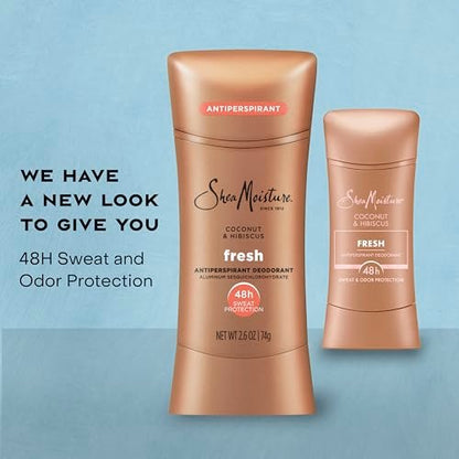 SheaMoisture Antiperspirant Deodorant Stick Fresh Coconut & Hibiscus 2 Count - 48HR Sweat & Odor Protection, No Parabens, No Mineral Oil, 2.6 oz Each
