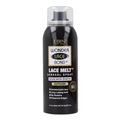 EBIN NEW YORK Wonder Lace Bond Lace Melt Aerosol Spray - Rose Water + Biotin Extra Firm Hold Wig Adhesive Spray, Soothing Hydrating Finish, 2.7 Fl Oz