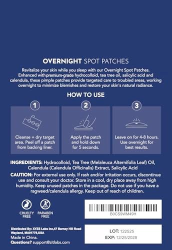 ZITLABS Pimple Patches for Face - Hydrocolloid Acne Patches with Tea Tree Oil & Salicylic Acid - Overnight PM Patches for Zits, Blemishes, Breakouts - Medical-Grade Hydrocolloid - Pack of 72 - görsel 4