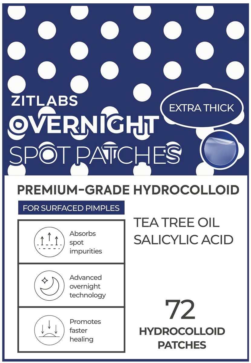 ZITLABS Pimple Patches for Face - Hydrocolloid Acne Patches with Tea Tree Oil & Salicylic Acid - Overnight PM Patches for Zits, Blemishes, Breakouts - Medical-Grade Hydrocolloid - Pack of 72 - görsel 1
