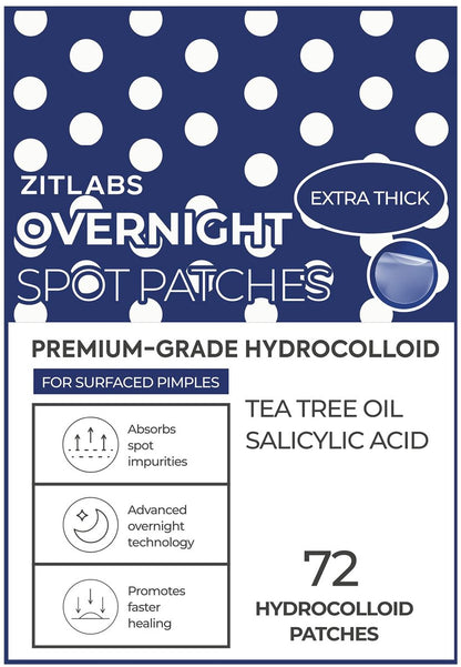 ZITLABS Pimple Patches for Face - Hydrocolloid Acne Patches with Tea Tree Oil & Salicylic Acid - Overnight PM Patches for Zits, Blemishes, Breakouts - Medical-Grade Hydrocolloid - Pack of 72