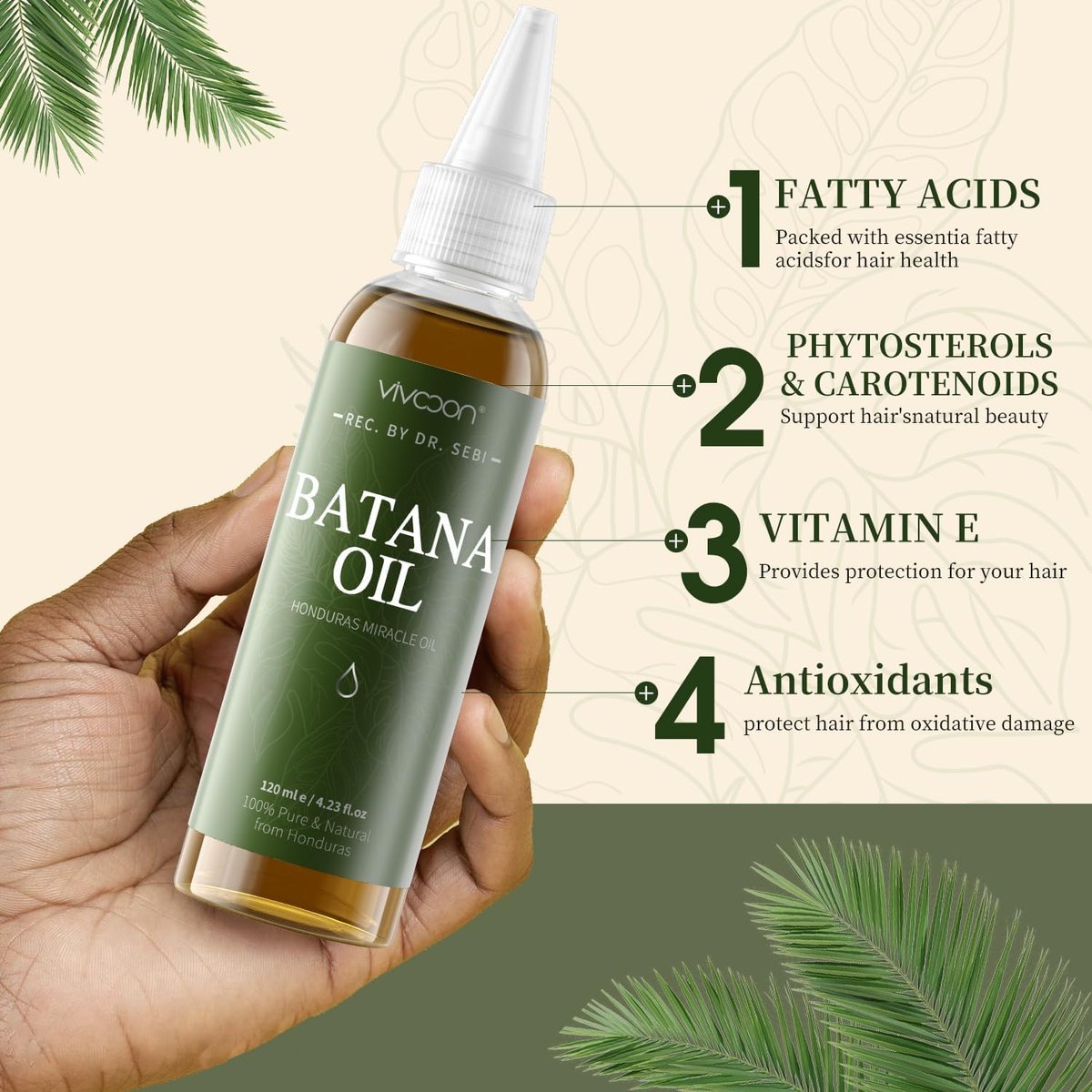 Vivccon 100% Pure & Natural Raw Batana Oil for Hair Growth - Dr. Sebi Organic from Honduras - Promotes Hair Thickness, Scalp & Skin Care - 4.23 fl oz with 2 Caps Avelisse