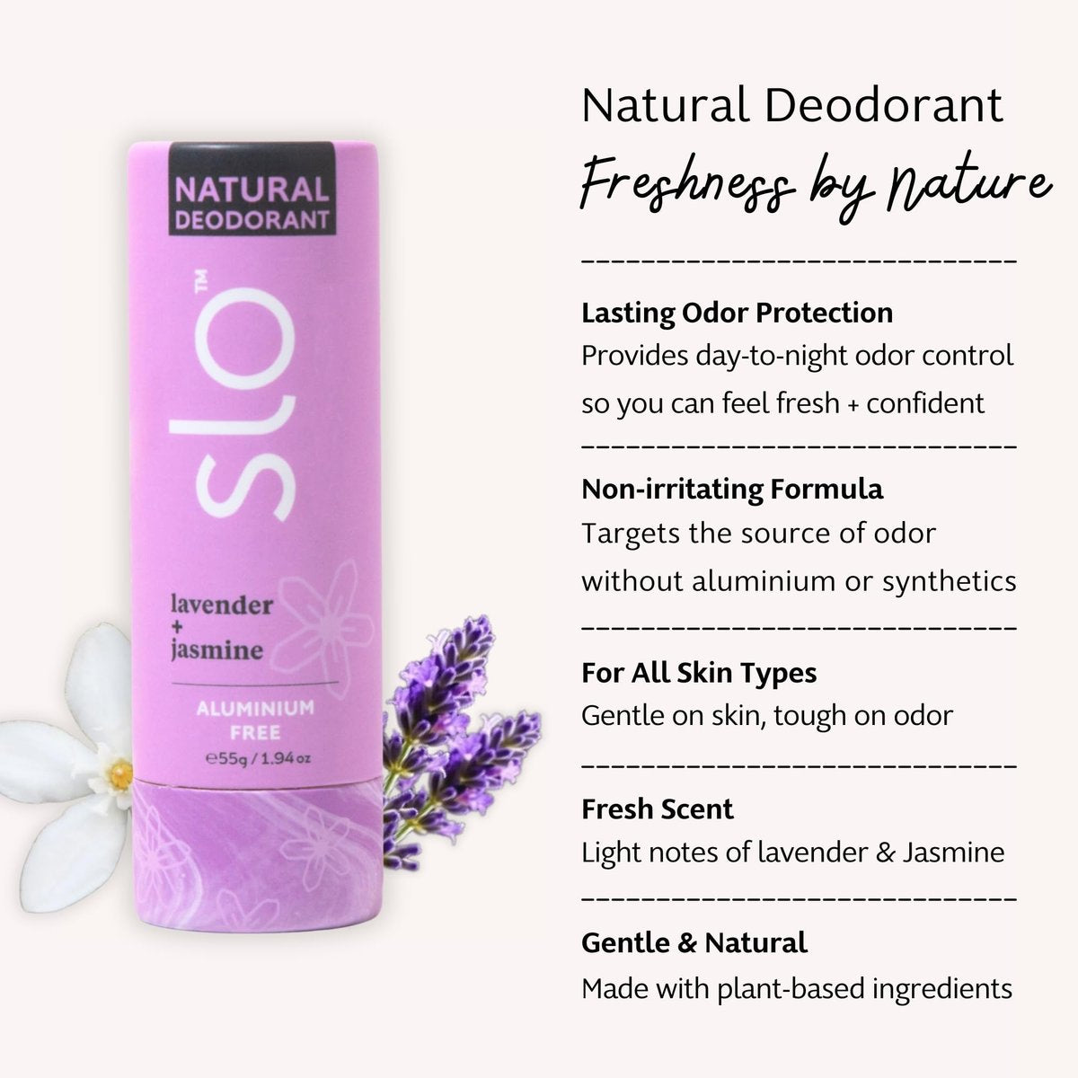Slo Natural Deodorant - Lavender + Jasmine, All Natural Ingredients, Vegan & Cruelty Free, 1.94 oz - görsel 5
