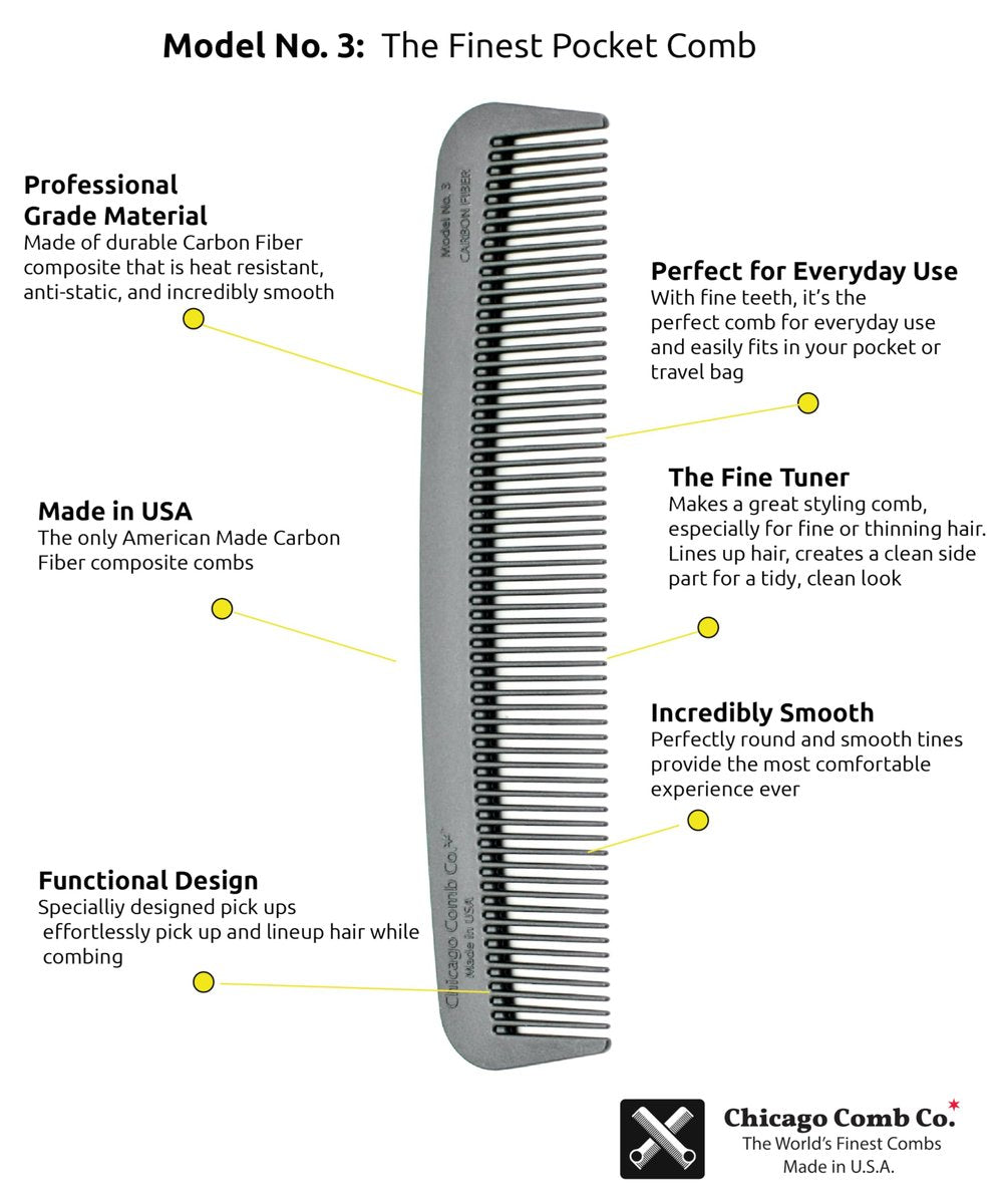 Chicago Comb Model 3 Carbon Fiber Fine-Tooth Comb – Made in USA, Anti-Static, 5.5 Inches (14 cm) – EDC Pocket Travel Comb for Hair and Beards Avelisse