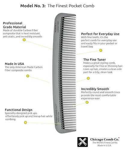 Chicago Comb Model 3 Carbon Fiber Fine-Tooth Comb – Made in USA, Anti-Static, 5.5 Inches (14 cm) – EDC Pocket Travel Comb for Hair and Beards Avelisse