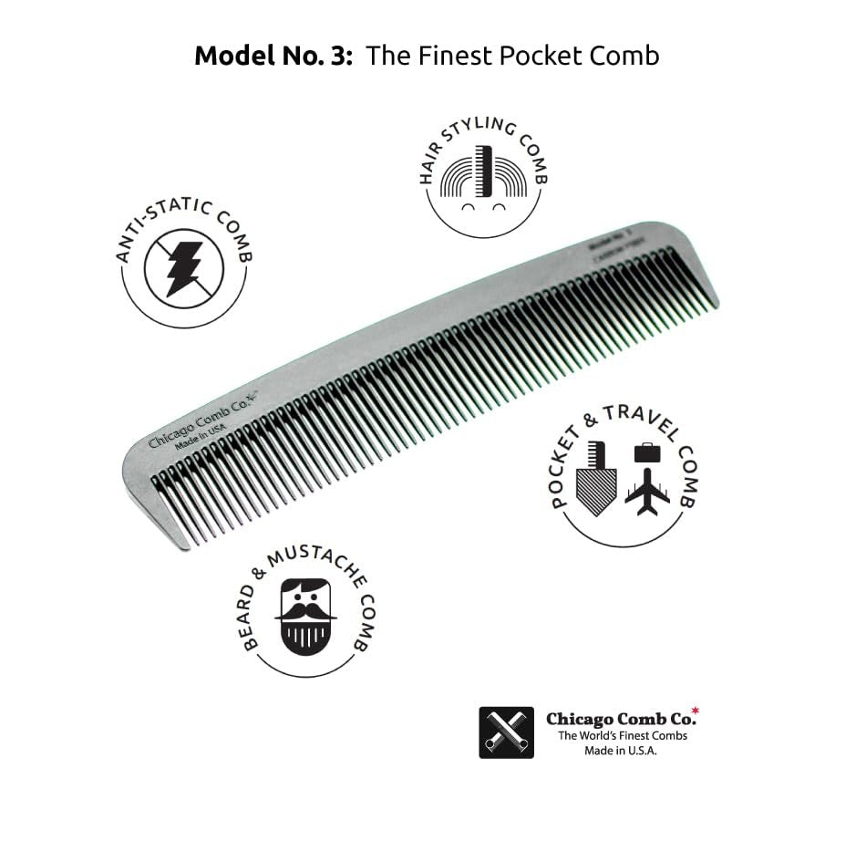 Chicago Comb Model 3 Carbon Fiber Fine-Tooth Comb – Made in USA, Anti-Static, 5.5 Inches (14 cm) – EDC Pocket Travel Comb for Hair and Beards Avelisse