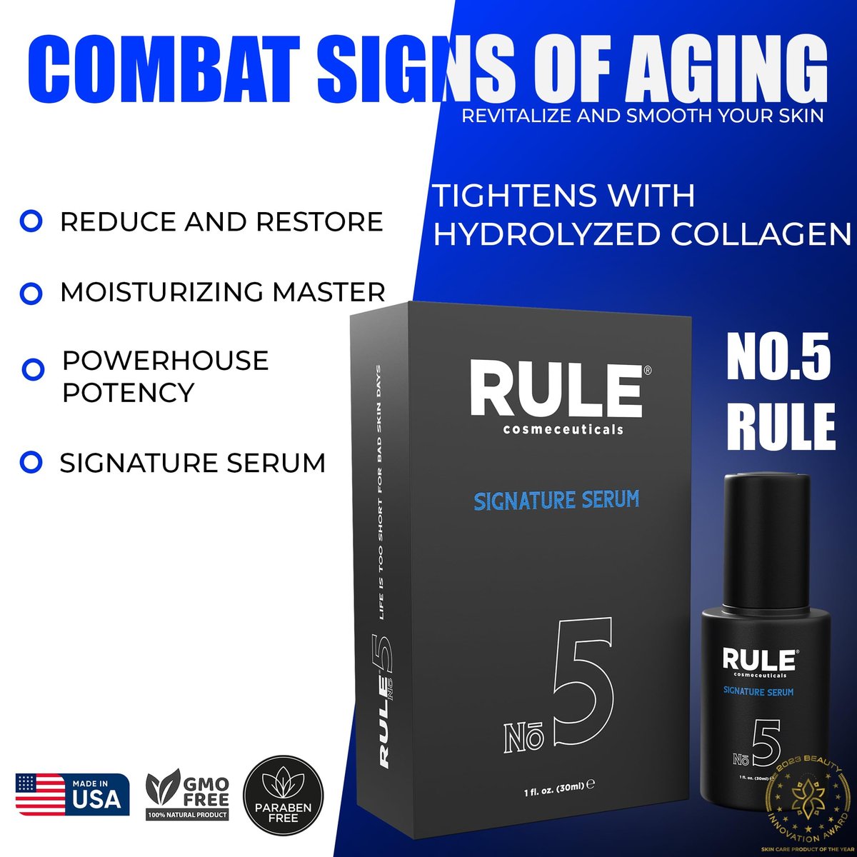 RULE No.5 Vitamin C Face Serum for Men - Anti-Aging Serum with Hyaluronic Acid, Caviar & Niacinamide, Brightening & Firming, 30 mL - görsel 7