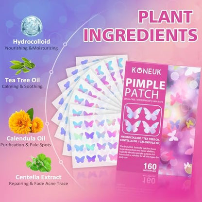 KONEUK Acne Pimple Patches for Face (160 Counts) - Hydrocolloid Acne Patches with Tea Tree Oil and Calendula Extract, Cute Colorful Butterfly Shape Spot Stickers for Skin Care