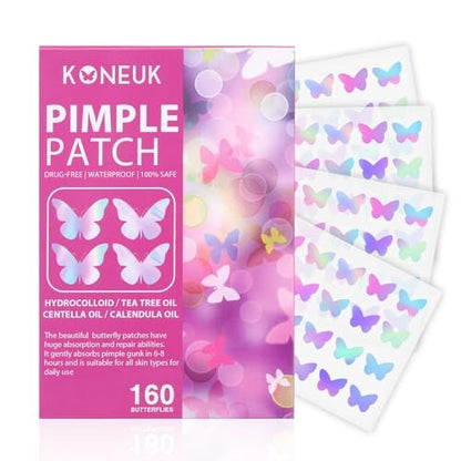 KONEUK Acne Pimple Patches for Face (160 Counts) - Hydrocolloid Acne Patches with Tea Tree Oil and Calendula Extract, Cute Colorful Butterfly Shape Spot Stickers for Skin Care