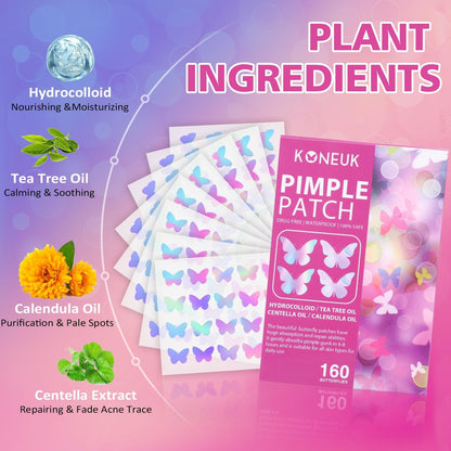 KONEUK Acne Pimple Patches for Face (160 Counts) - Hydrocolloid Acne Patches with Tea Tree Oil and Calendula Extract, Cute Colorful Butterfly Shape Spot Stickers for Skin Care