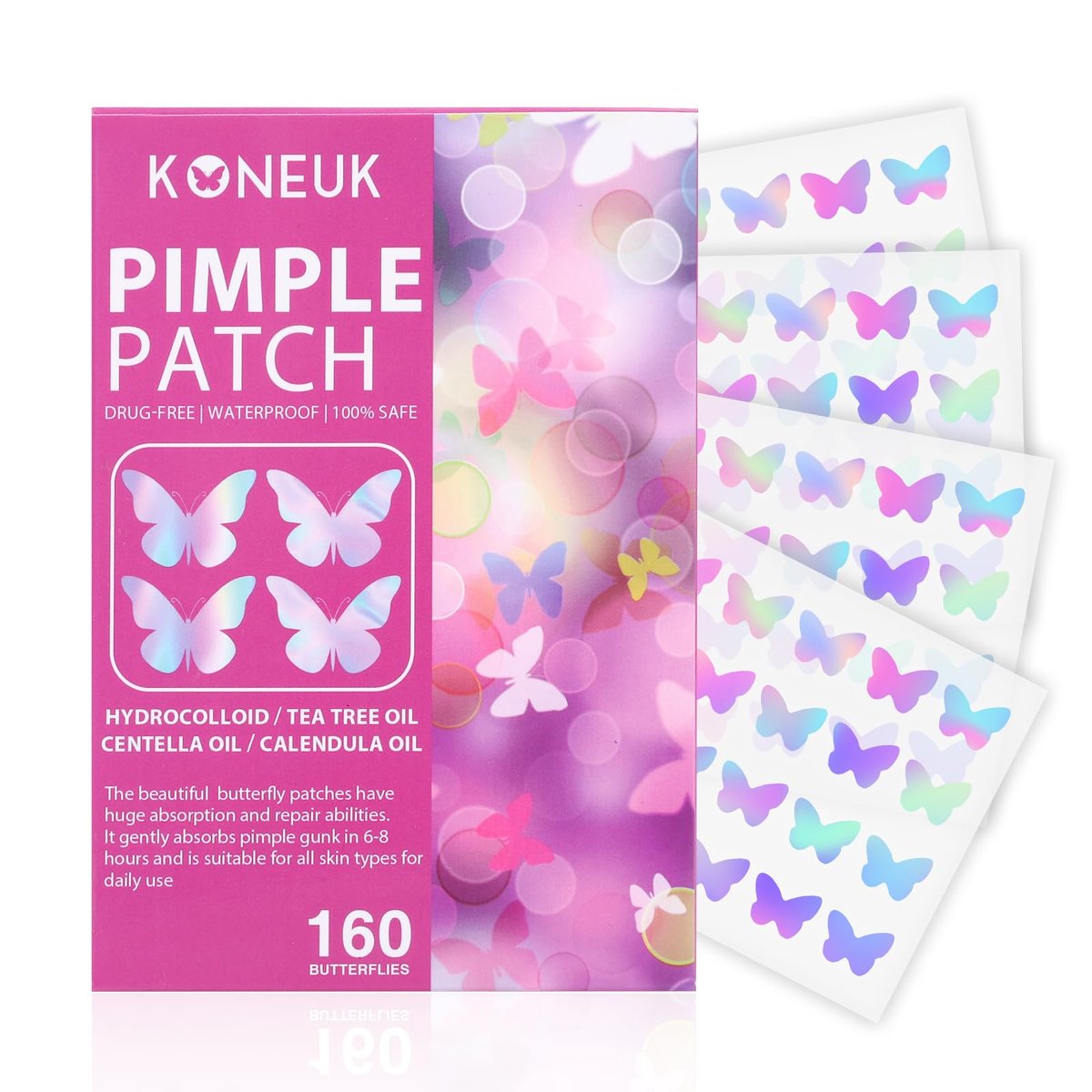 KONEUK Acne Pimple Patches for Face (160 Counts) - Hydrocolloid Acne Patches with Tea Tree Oil and Calendula Extract, Cute Colorful Butterfly Shape Spot Stickers for Skin Care - görsel 1