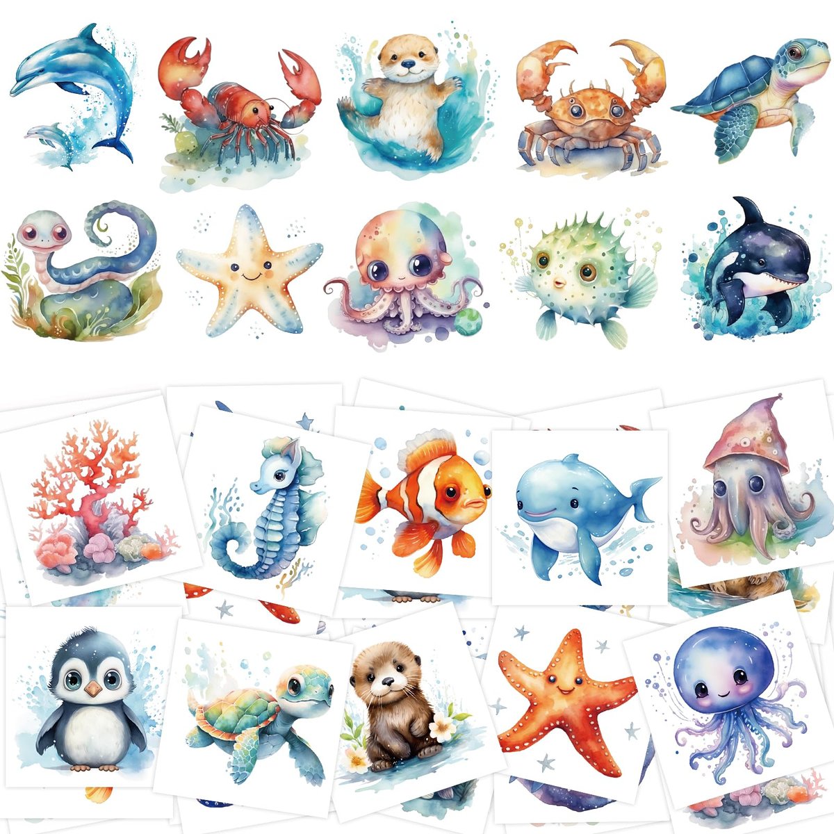 Fancy Land 140Pcs Ocean Animals Temporary Tattoos for Kids - Under the Sea Creature Individual Tattoos for Ocean Theme Birthday Party Favors, Baby Shower Supplies, Goodie Bag Stuffers - görsel 1