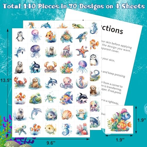 Fancy Land 140Pcs Ocean Animals Temporary Tattoos for Kids - Under the Sea Creature Individual Tattoos for Ocean Theme Birthday Party Favors, Baby Shower Supplies, Goodie Bag Stuffers - görsel 8