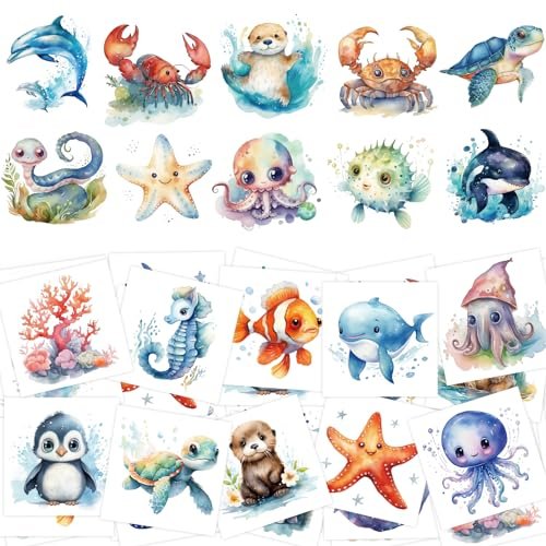 Fancy Land 140Pcs Ocean Animals Temporary Tattoos for Kids - Under the Sea Creature Individual Tattoos for Ocean Theme Birthday Party Favors, Baby Shower Supplies, Goodie Bag Stuffers - görsel 2