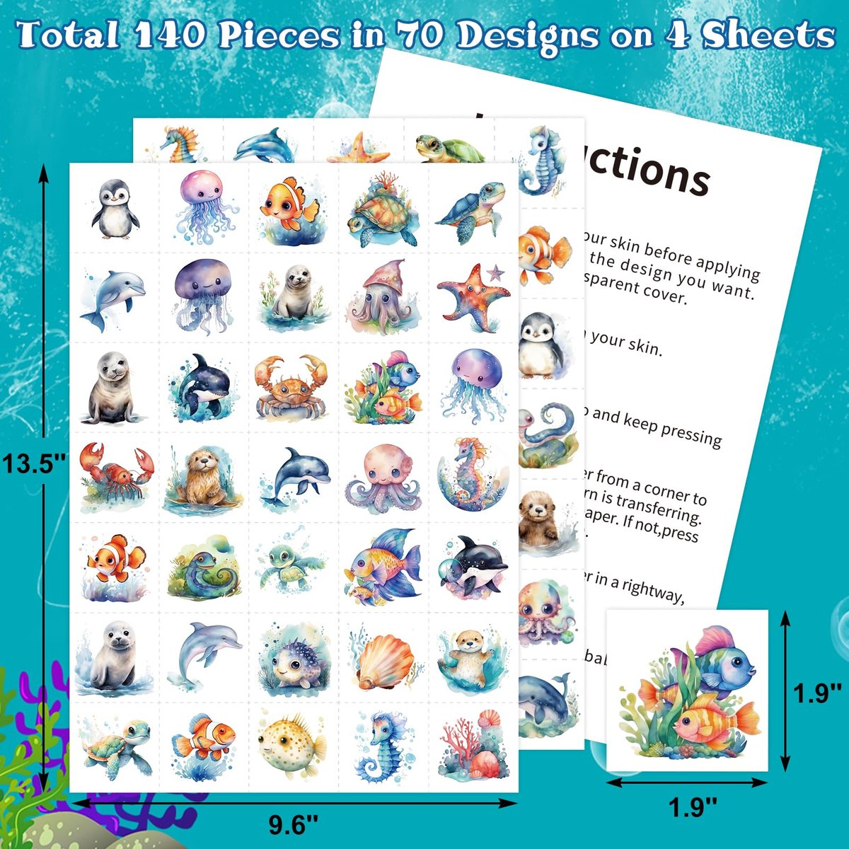 Fancy Land 140Pcs Ocean Animals Temporary Tattoos for Kids - Under the Sea Creature Individual Tattoos for Ocean Theme Birthday Party Favors, Baby Shower Supplies, Goodie Bag Stuffers - görsel 7