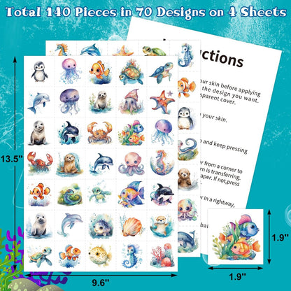 Fancy Land 140Pcs Ocean Animals Temporary Tattoos for Kids - Under the Sea Creature Individual Tattoos for Ocean Theme Birthday Party Favors, Baby Shower Supplies, Goodie Bag Stuffers