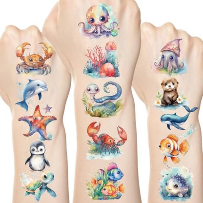 Fancy Land 140Pcs Ocean Animals Temporary Tattoos for Kids - Under the Sea Creature Individual Tattoos for Ocean Theme Birthday Party Favors, Baby Shower Supplies, Goodie Bag Stuffers