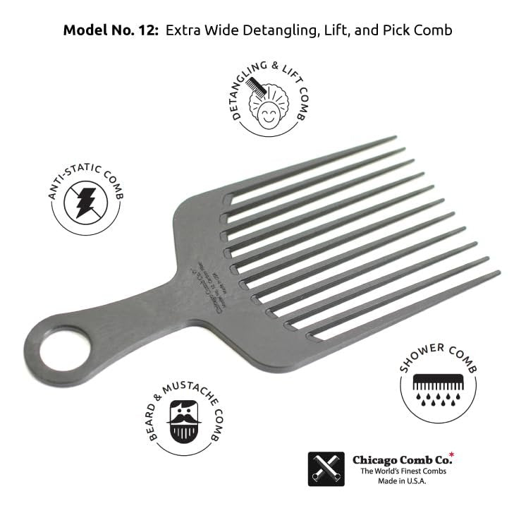 Chicago Comb Model 12 Carbon Fiber Anti-Static Wide-Tooth Pick - XL 7.5 Inches, Made in USA Avelisse