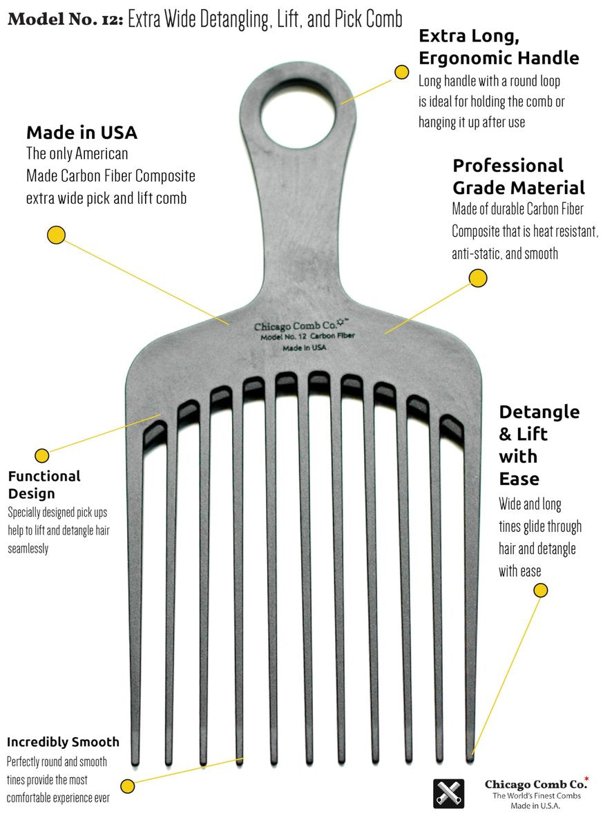 Chicago Comb Model 12 Carbon Fiber Anti-Static Wide-Tooth Pick - XL 7.5 Inches, Made in USA Avelisse